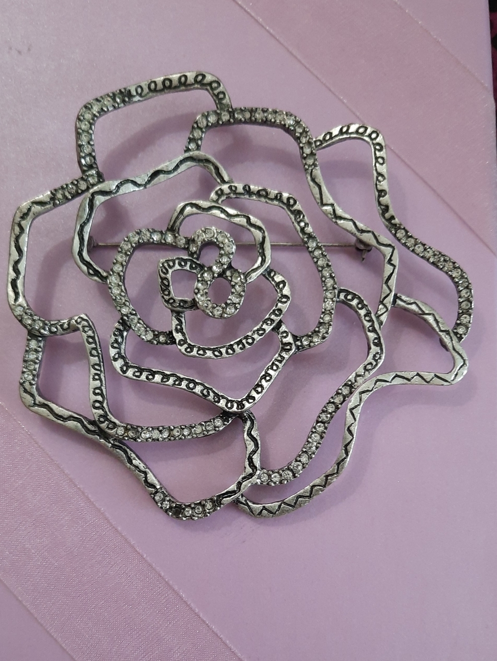 Silver Floral Crystal Rose Brooch